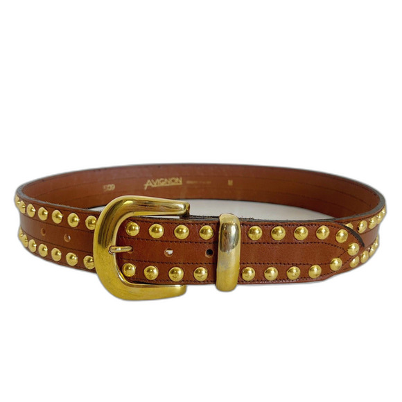 Avignon Vintage Cognac Brown Leather Gold Studded Belt Size M Western Boho - Picture 1 of 7